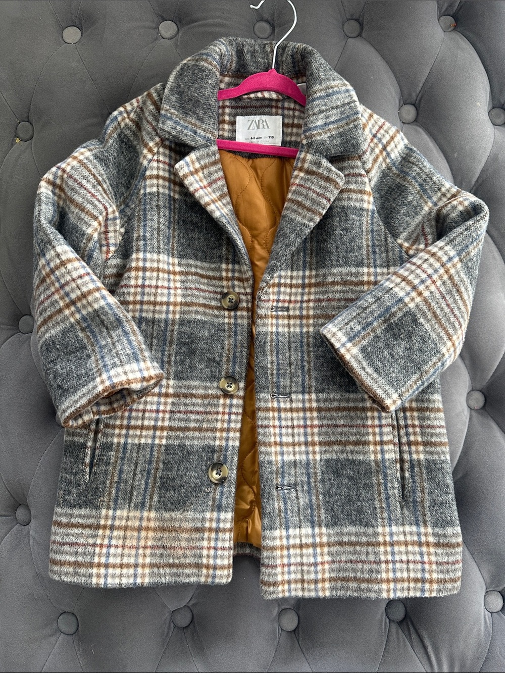 Zara Kids Plaid Pea Coat in Gray, Brown & Cream with Quilted Lining
